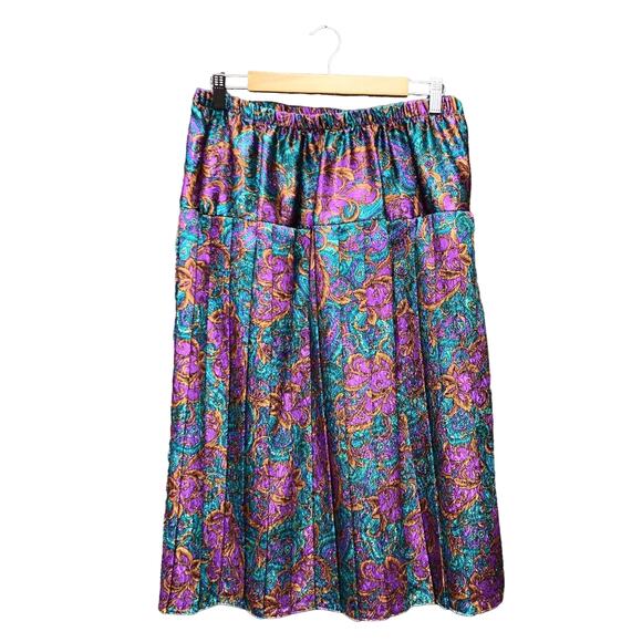 Vintage Paisley Floral Satin Pleated Skirt 18WP